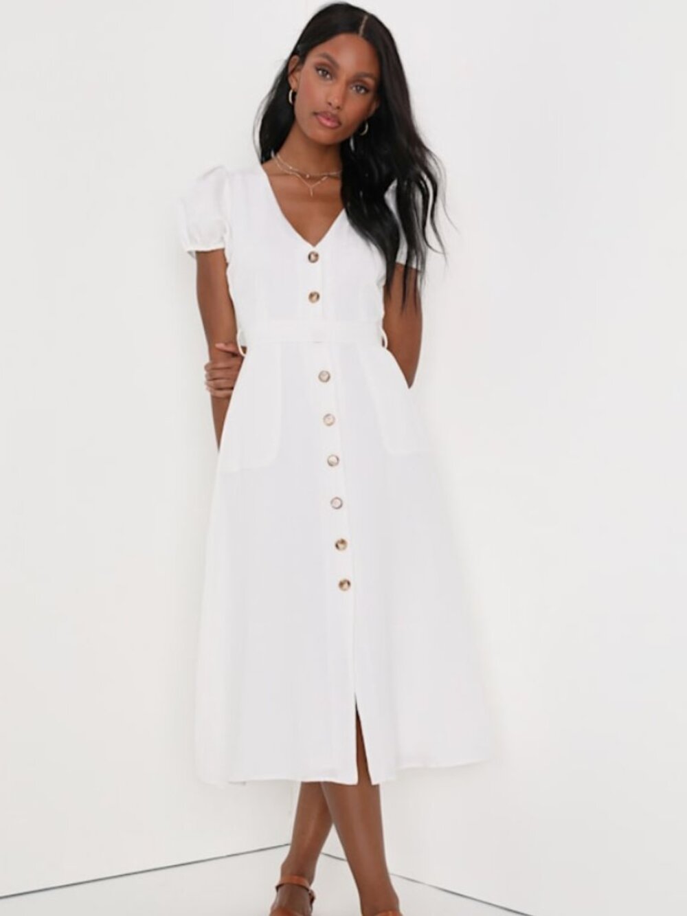 White Button-Front Puff Sleeve Midi Dress